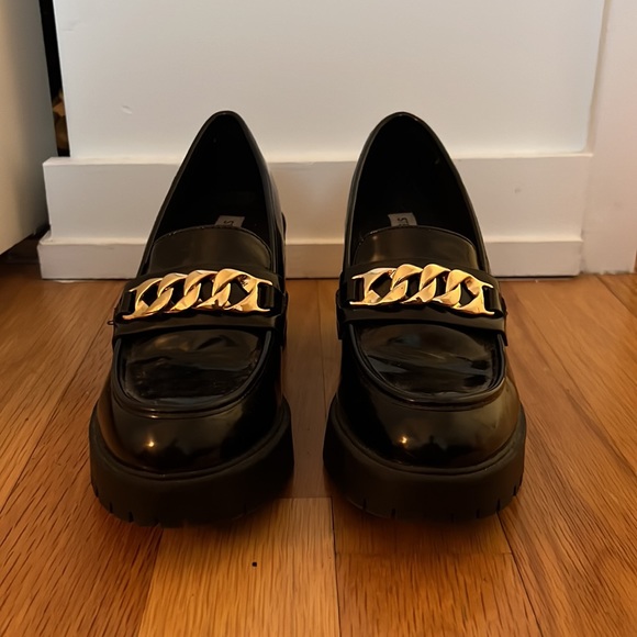 Steve Madden Black Gold Chain Chunky Heeled Loafers - Picture 3 of 5